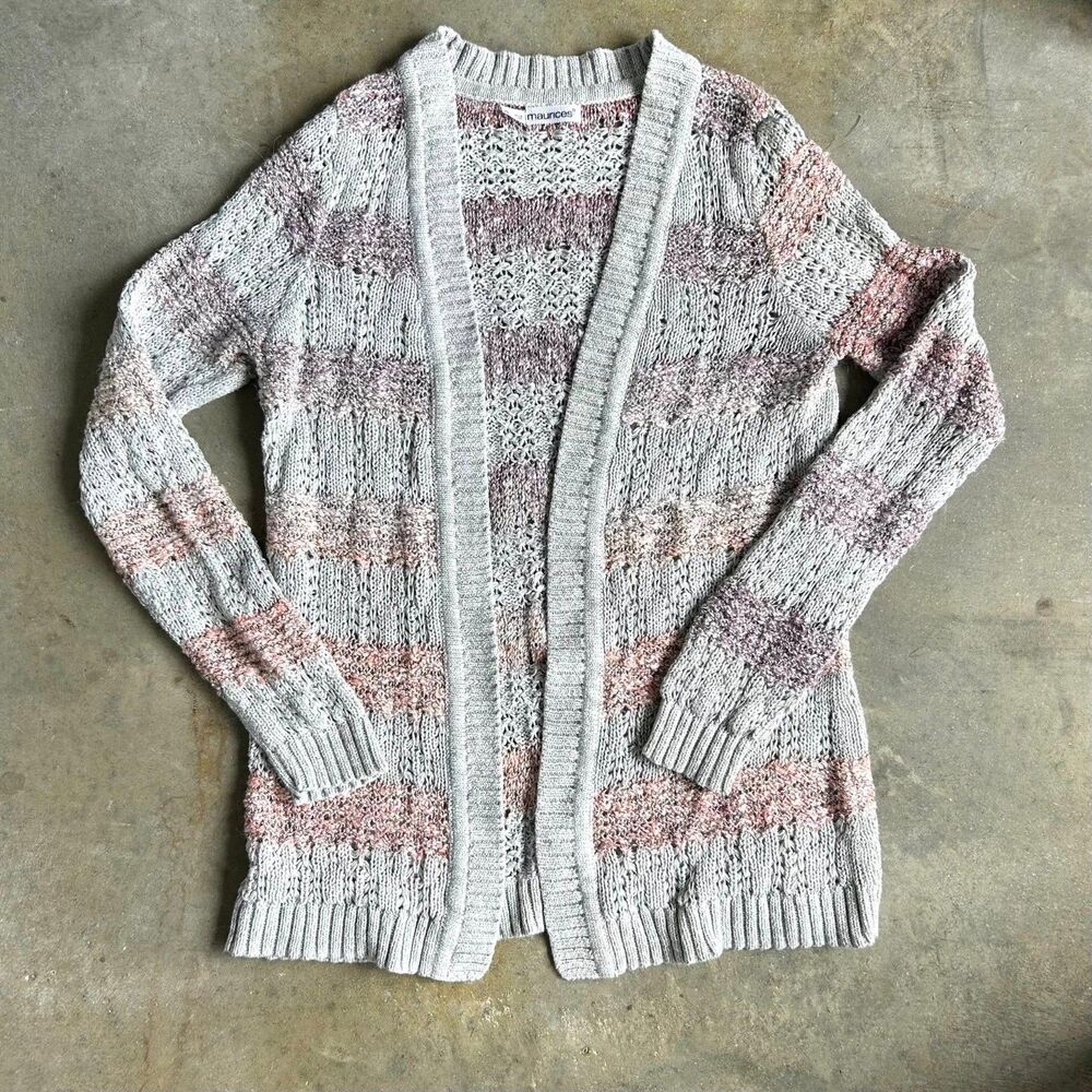 Maurices Gray Pink Striped Open Front Cardigan Metallic Knit Sweater